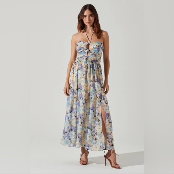 NWT ASTR The Label Small Rozina Blue Green Floral Cutout Halter Maxi Dress - Picture 2 of 16